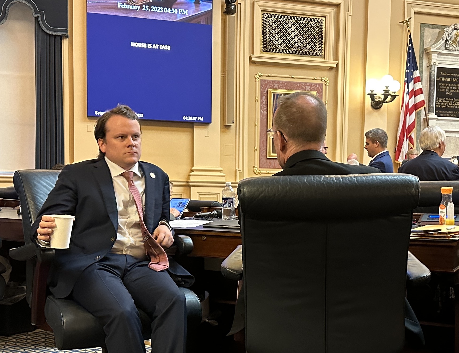 Del. Will Wampler, R-Washington County, chats with Del. Rob Bell, R-Albemarle County. Photo by Markus Schmidt.