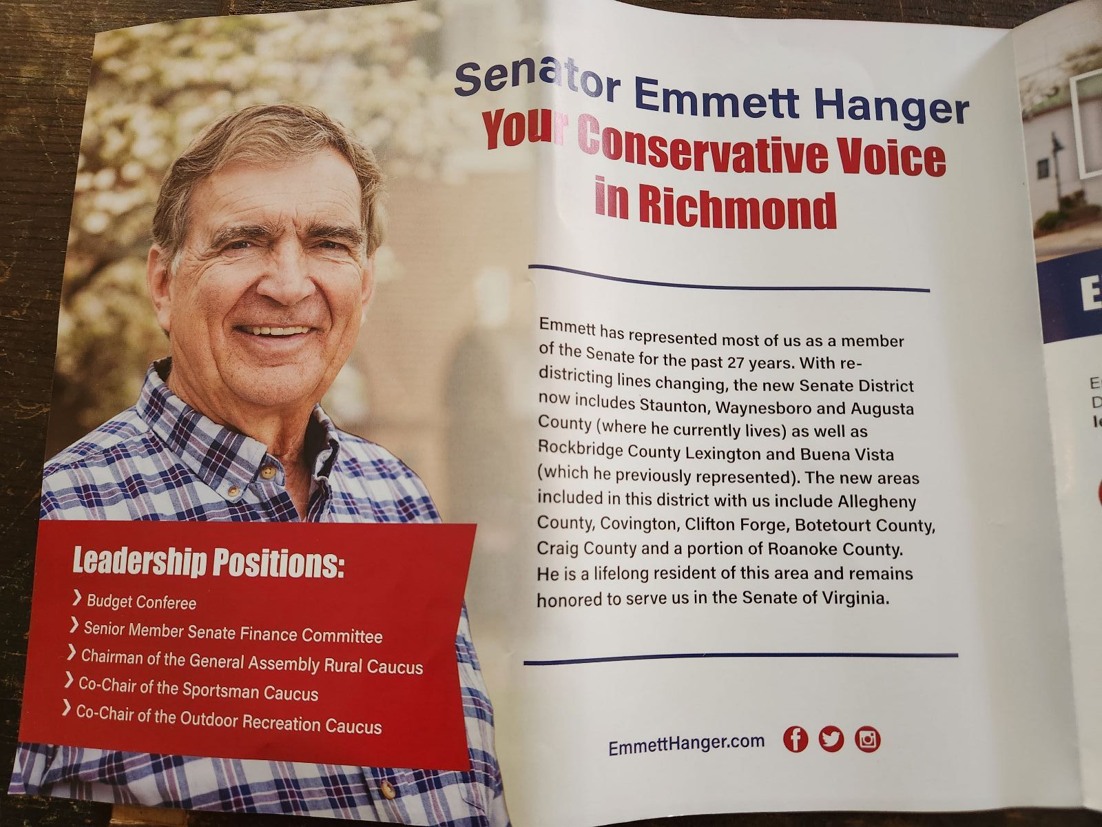 This is the mailing that Hanger has sent out. This page lists the new district.