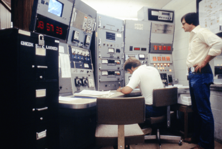 Virginia Tech's nuclear reactor included an elaborate console in an adjacent control room, shown here in the 1970s. The reactor allowed nuclear engineering students to get hands-on training in learning how to operate a reactor. Courtesy of Virginia Tech Special Collections.