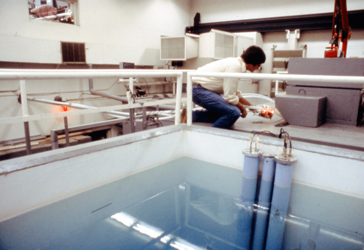 Virginia Tech's nuclear reactor, which was cooled by a tank of water, was for teaching and research. Courtesy of Virginia Tech Special Collections