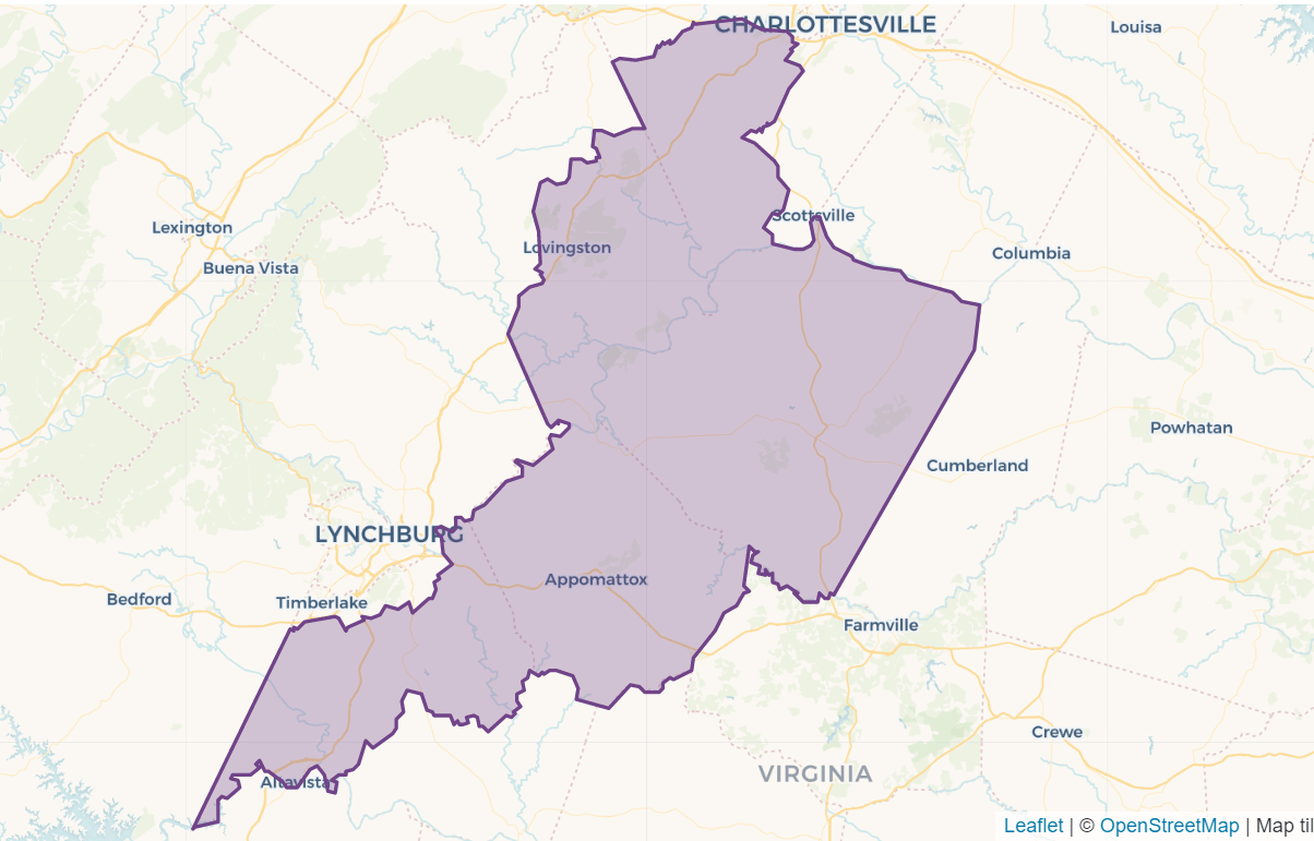 This is the district that Fariss has represented since he was first elected in 2011. It includes part of Campbell County, all of Appomattox and Buckingham counties, and parts of Nelson and Albemarle counties. Courtesy of Virginia Public Access Project.