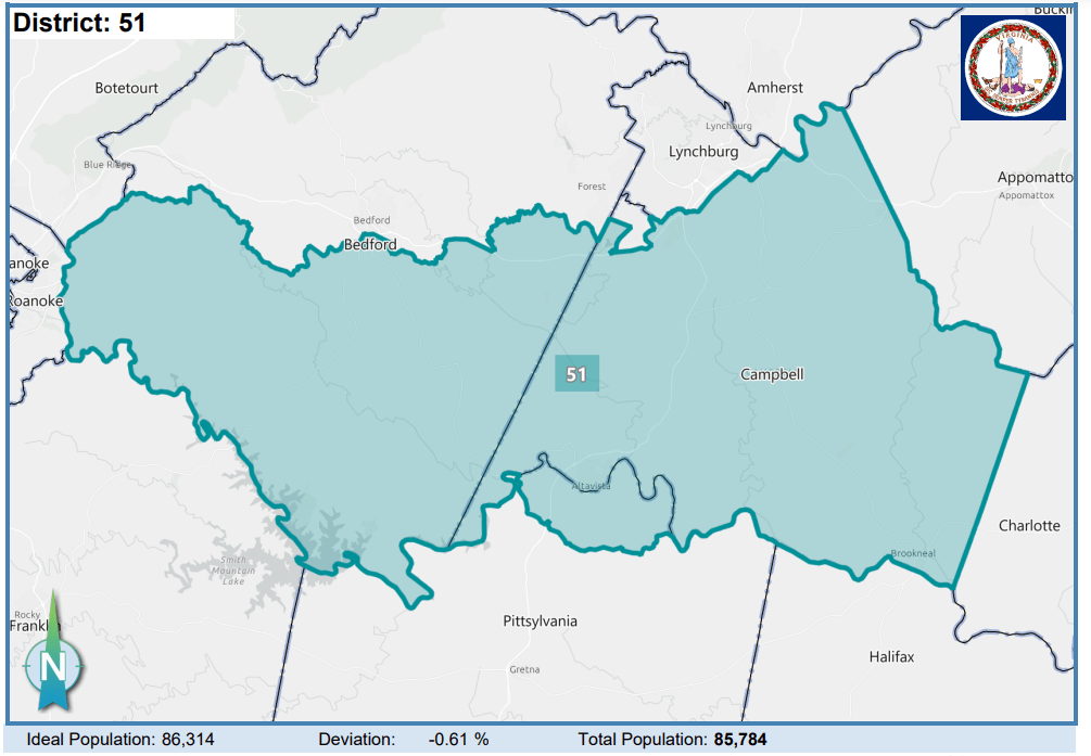 The newly drawn 51st House District covers Campbell County, a small part of Pittsylvania County and the southern half of Bedford County. Courtesy of Virginia Supreme Court.
