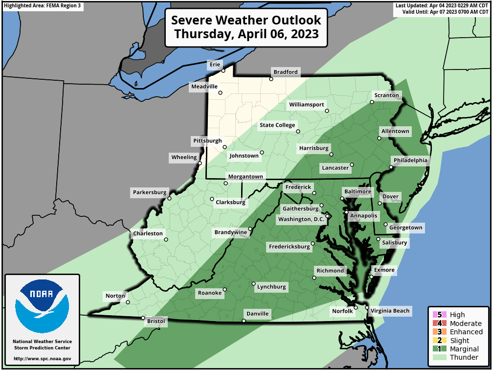 Thursday's severe storms risk in Mid-Atlantic region. Courtesy of Storm Prediction Center / NOAA