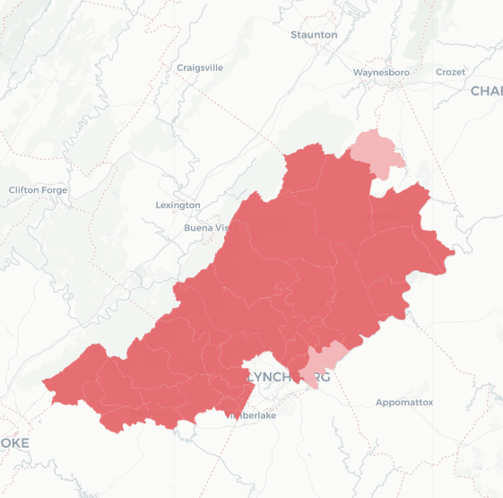In the 2021 governor's race, every precinct in what is now House District 53 voted strongly Republican. Overall, the district cast 73.35% of its votes for Republican Glenn Youngkin. This ranged from 87% in the Thaxton Baptist Church precinct in Bedford County to just over 50% in the Nellysford precinct in Nelson County. Courtesy of Virginia Public Access Project.