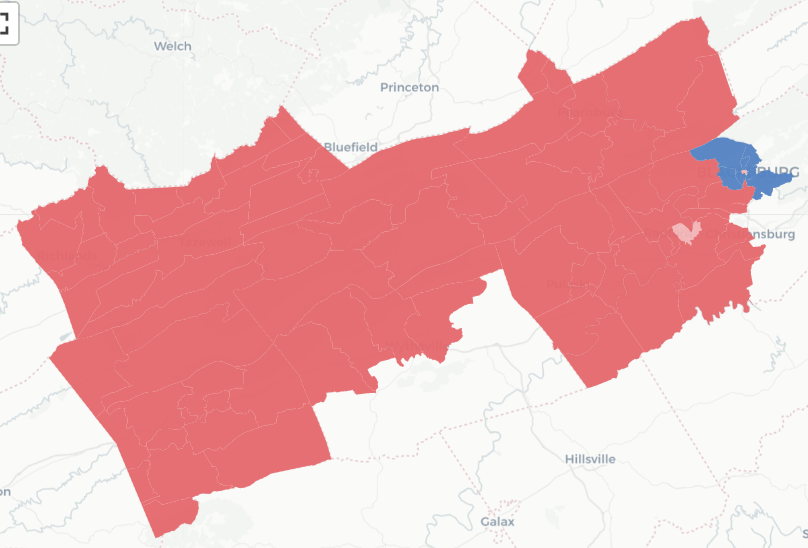How that new Senate District 5 votes. The red shows strongly Republican precincts, the pink Republican-leaning districts, the blue shows strongly Democratic precincts. Courtesy of Virginia Public Access Project.