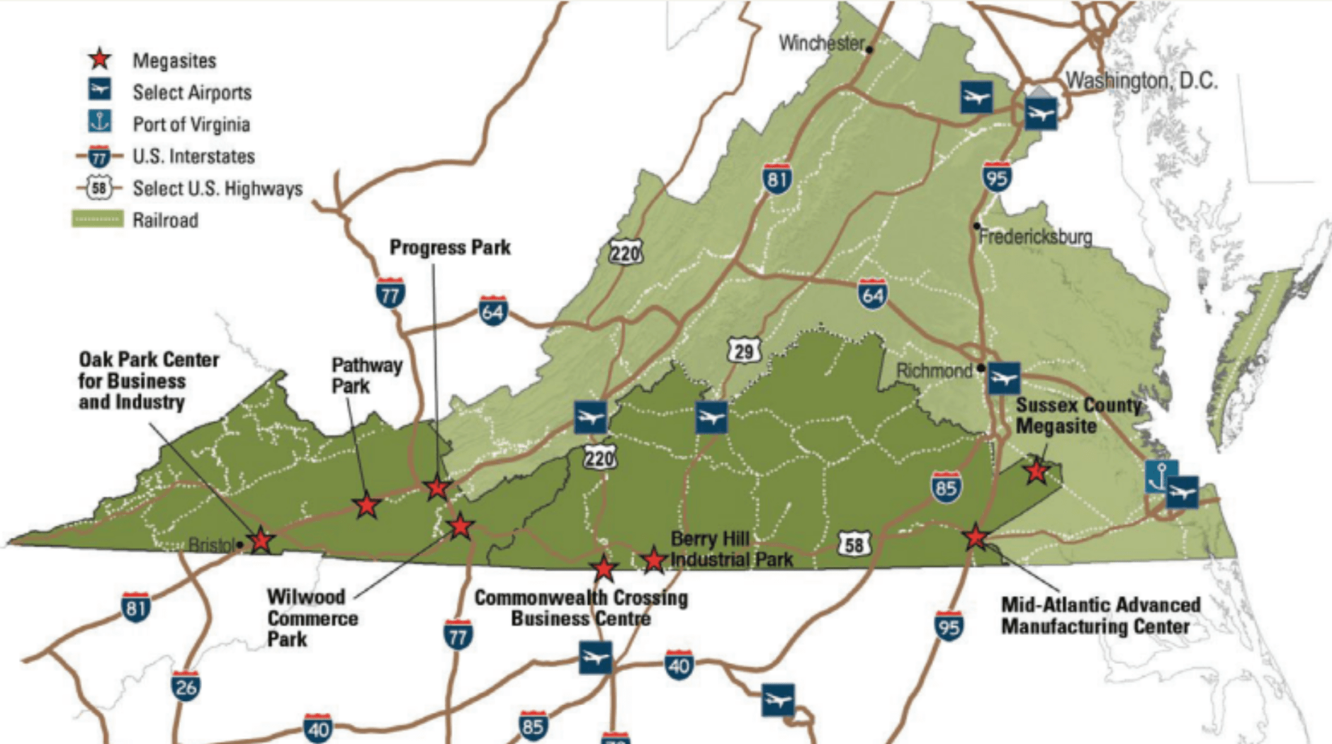 This map depicts the locations of eight of the nine megasites that the Tobacco Commission has supported. It does not include Summit View Business Park in Franklin County, which is a new addition. Megasites in Southwest Virginia tend to be smaller than those in Southside, because of the more mountainous topography, said Andy Sorrell, deputy director of the commission. Image courtesy of the Tobacco Commission.