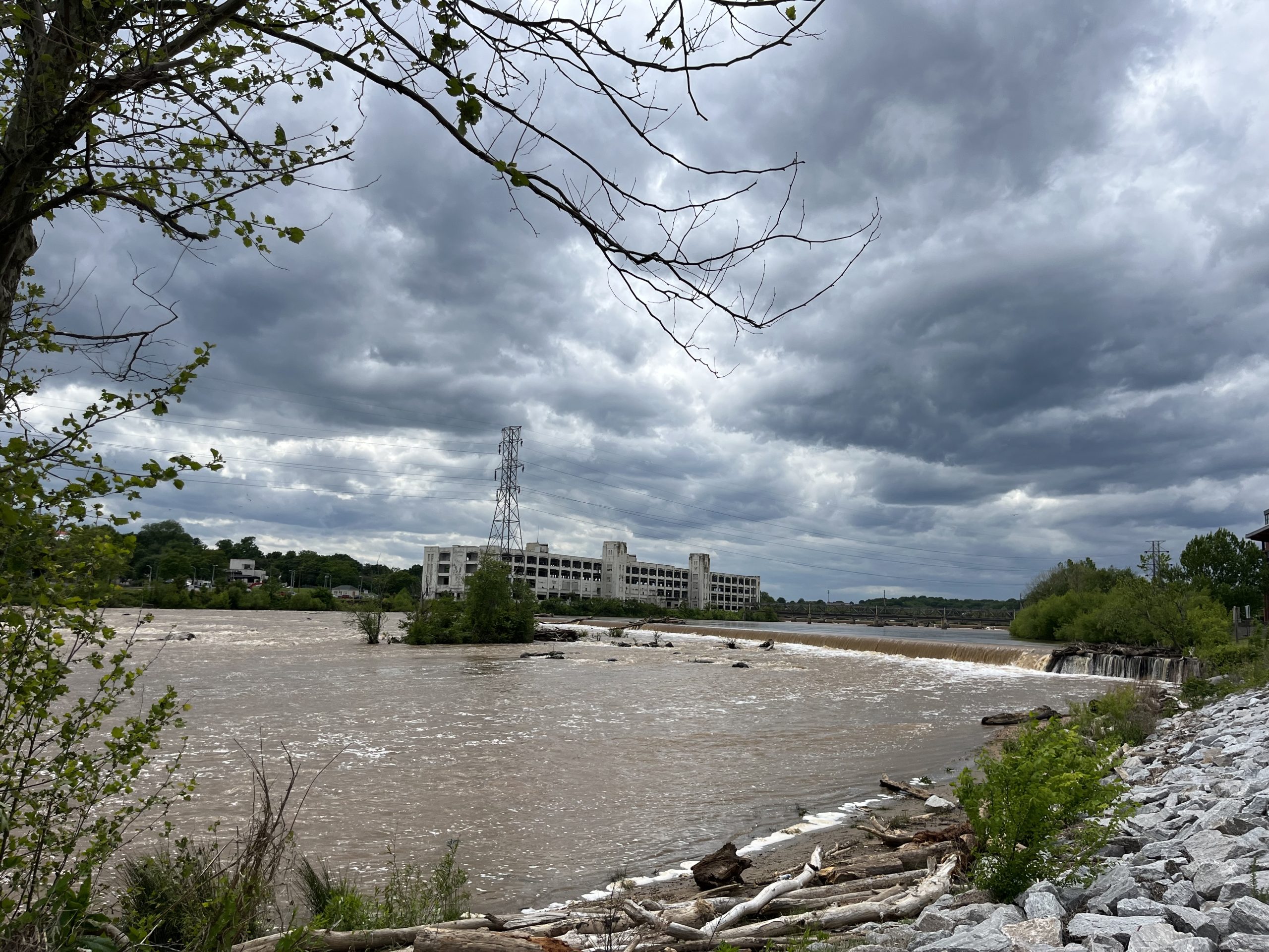 A recent overcast day over the Dan River in Danville, the historic White Mill in the background. Recent weather has been fairly benign in the city of 42,000 along the North Carolina border, but just five years ago, the former textile-and-tobacco center in Southside Virginia was buffeted by a tornado, record flooding, and heavy snow in 2018. Photo by Grace Mamon.