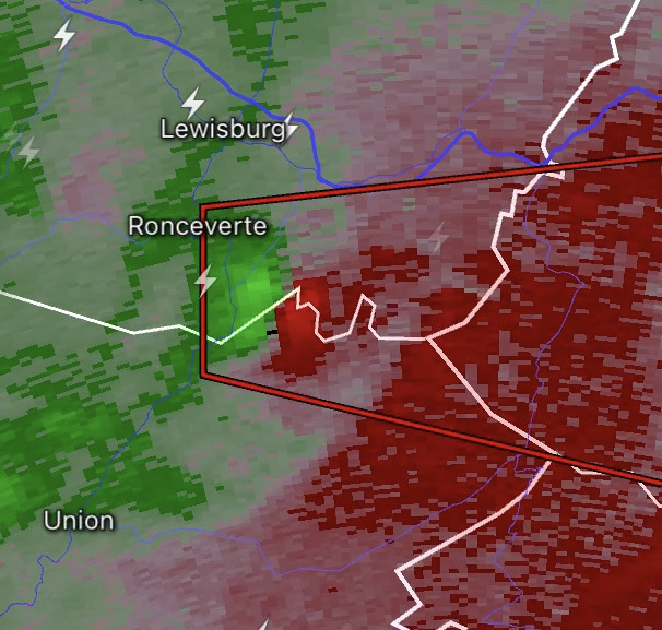 The close juxtaposition of red and green near Ronceverte, West Virginia, indicates winds rotating tightly, a possible tornado that Alleghany County, Virginia, and two West Virginia counties were warned for by the National Weather Service. Courtesy of RadarScope.