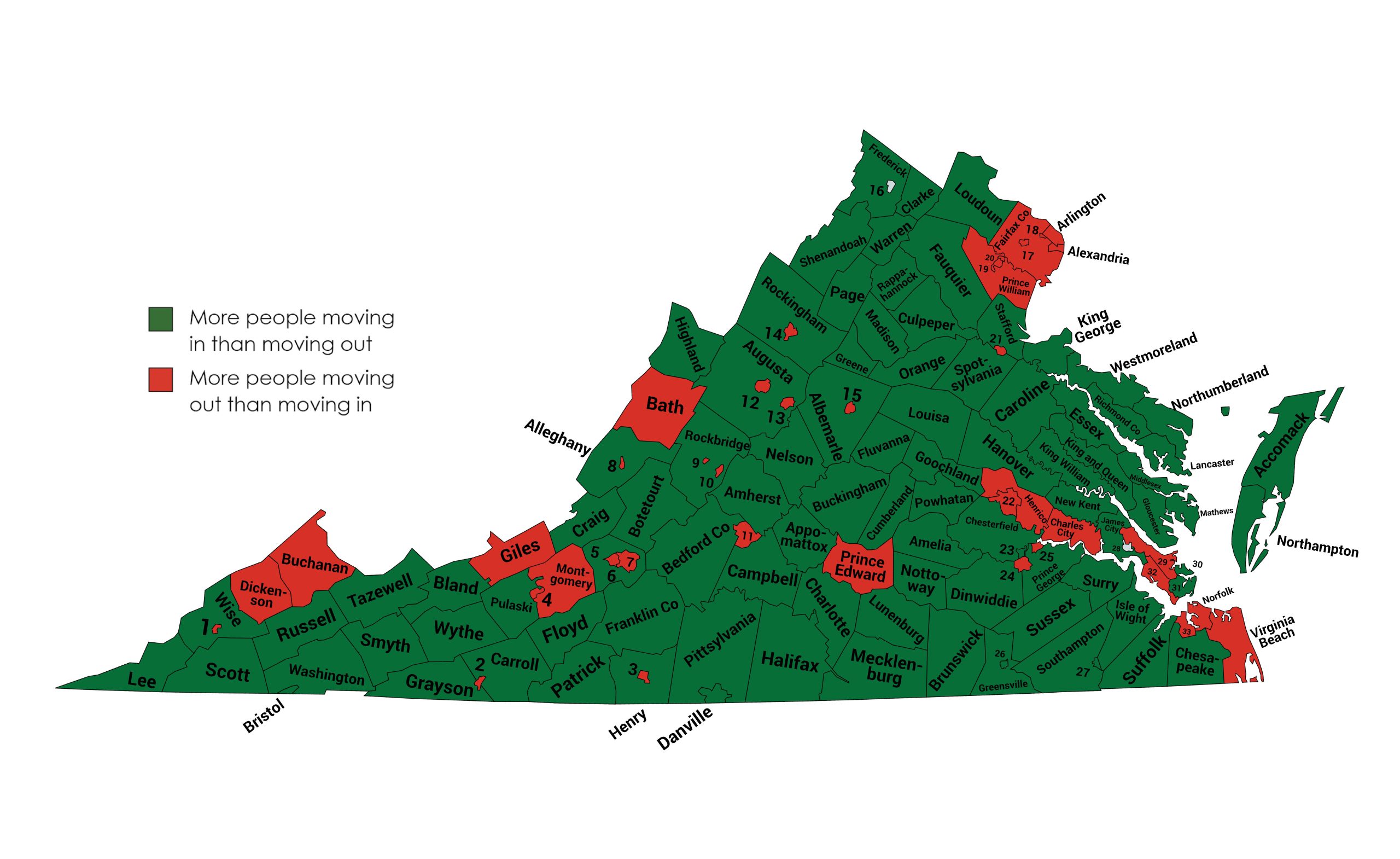 Localities in green had more people move in than move out between 2020 and 2021. Localites in red had more people move out than move in. Note: This is not the same as overalll population growth or decline. Some localities gaining people through migration may still be losing population overall if deaths outnumber births -- and the number of new residents. Data courtesy of the IRS.