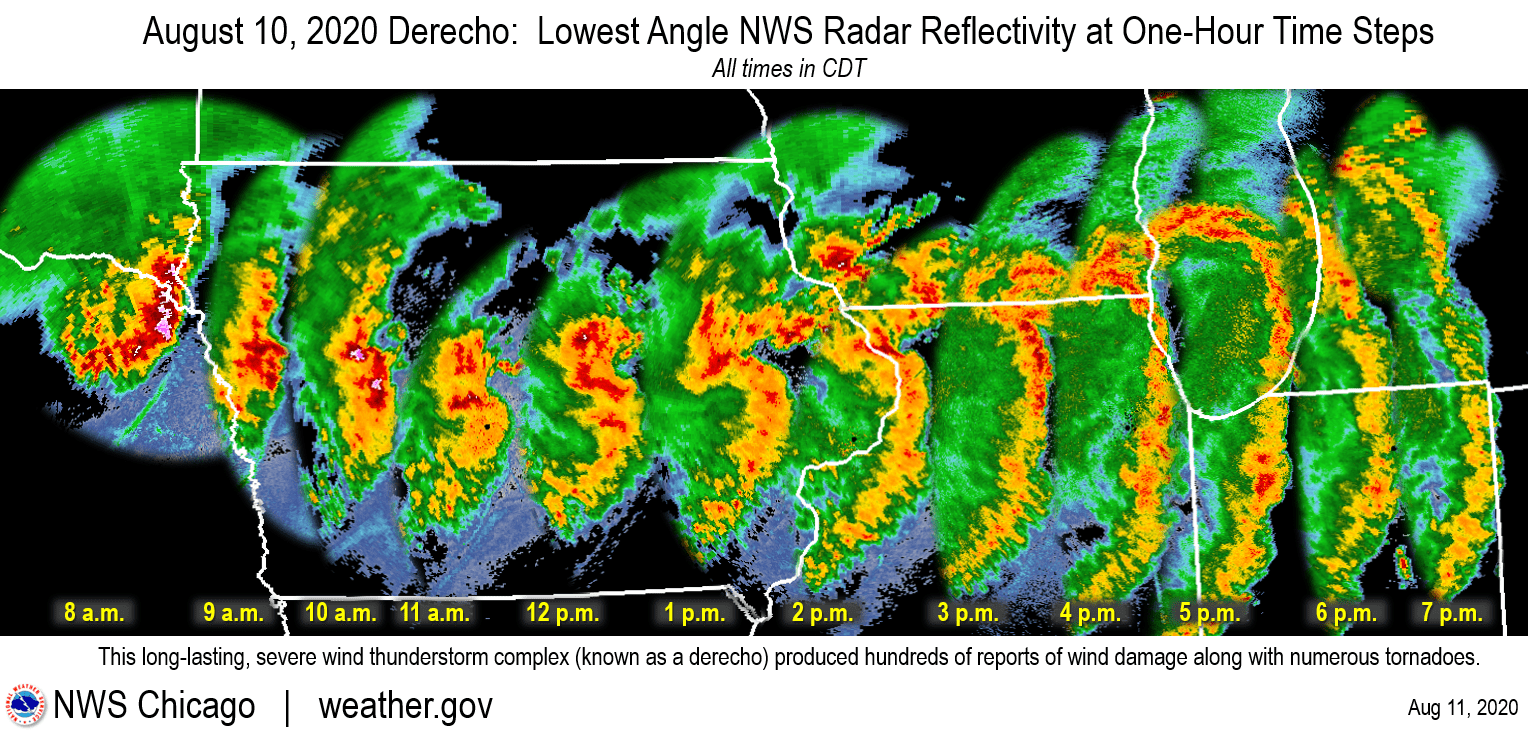 The August 10, 2020, derecho roared across the Midwest with winds up to 140 mph, far exceeding the peak winds in the June 29, 2012, derecho across the Ohio Valley, Appalachians and Mid-Atlantic.Courtesy of NOAA.