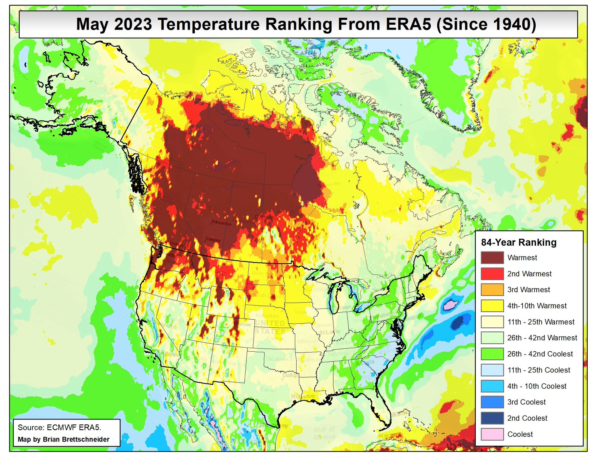 This map shows average May temperatures relative to how they're ranked historically, with a wide swath of western Canada seeing its warmest on record, while temperatures slightly below the long-term median were seen near the East Coast of the U.S. Courtesy of Brian Brettschneider, climatologist.
