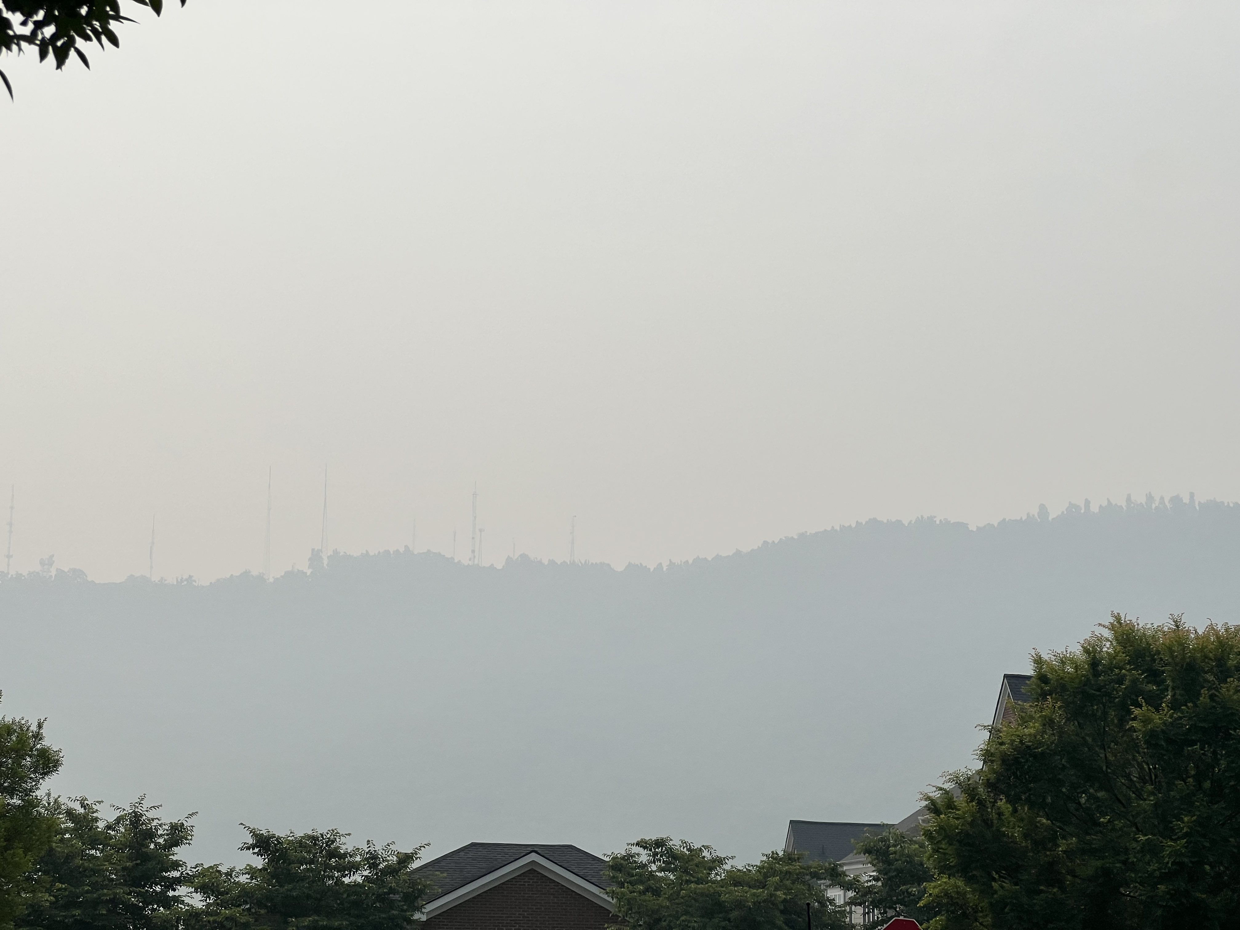 Ridgelines are barely visible outside Charlottesville as heavy smoke from Canadian wildfires blows in on Thursday, June 8. Photo courtesy of Keith Foster.