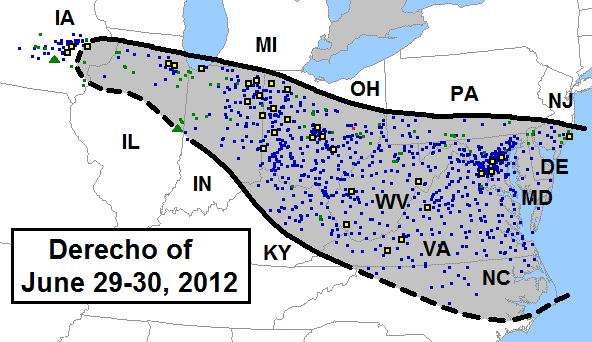 The swath of damage from the June 29, 2012, derecho. Courtesy of NOAA.