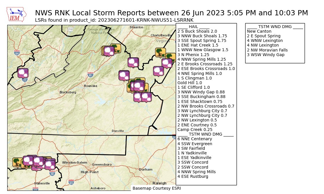 Reports of wind damage and hail received by the National Weather Service office in Blacksburg. Courtesy of NOAA.