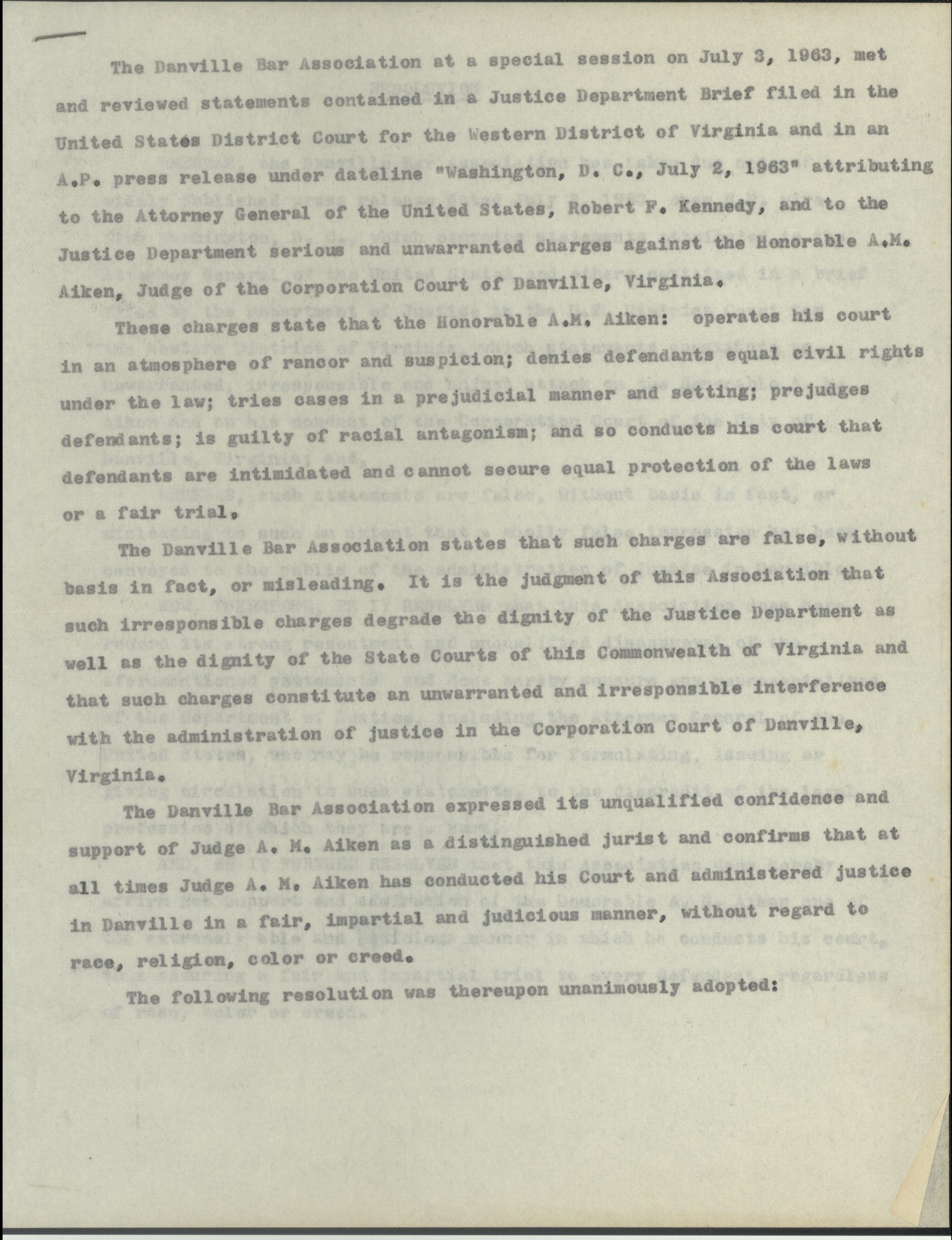 The Danville Bar Association expressed support for Aiken in this memo, which calls allegations against his courtroom practices "unwarranted" as well as "false, without basis in fact, or misleading." Document courtesy of the Danville Historical Society.