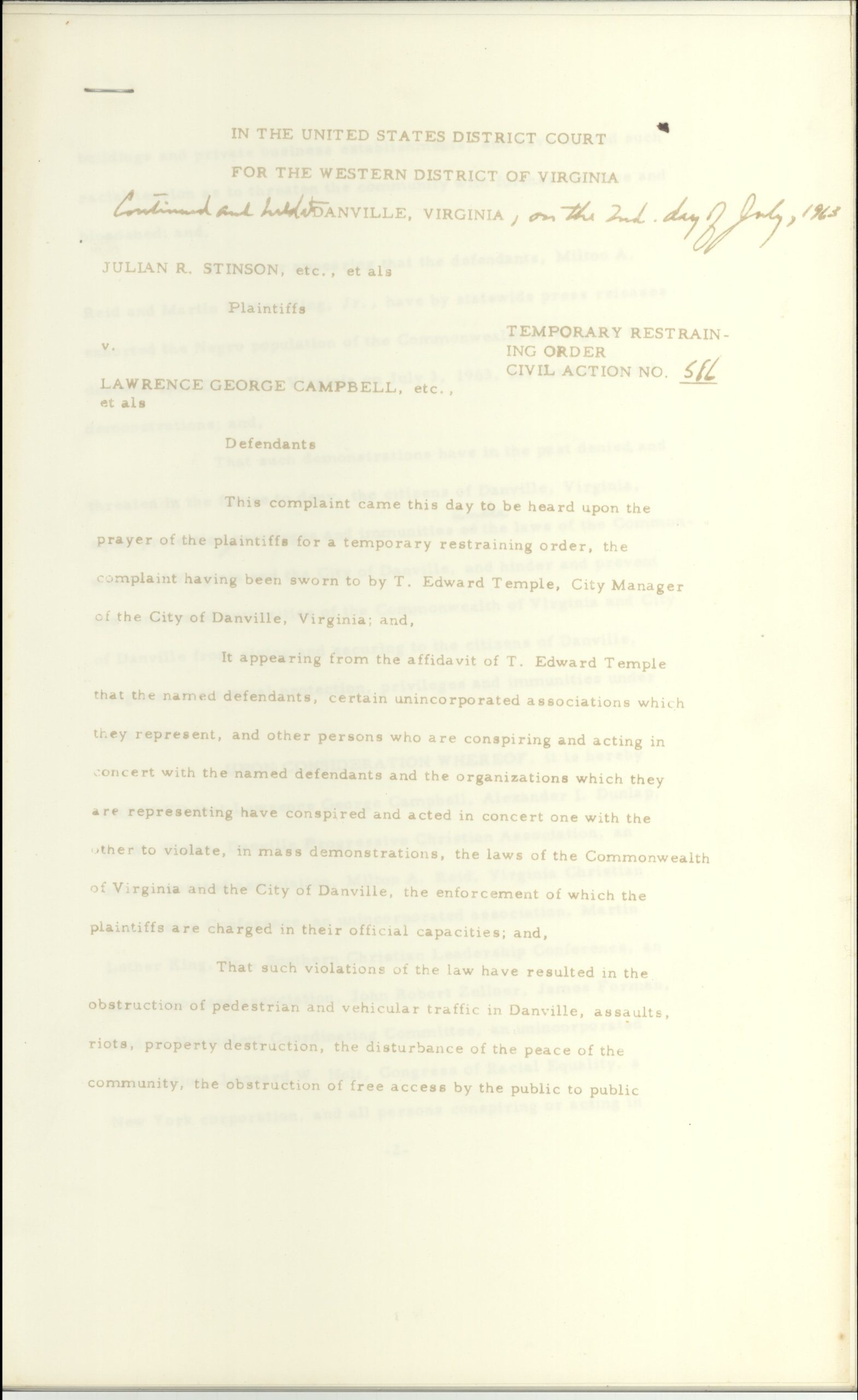 This is the front page of a case that was brought by Julian Stinson, who was mayor in 1963, and other members of the city government, against the Rev. Lawrence Campbell and other protesters. Anyone interested in seeing the full case, or more court documents, should visit Danville Historical Society, which has open hours four days a week. Document courtesy of the Danville Historical Society.
