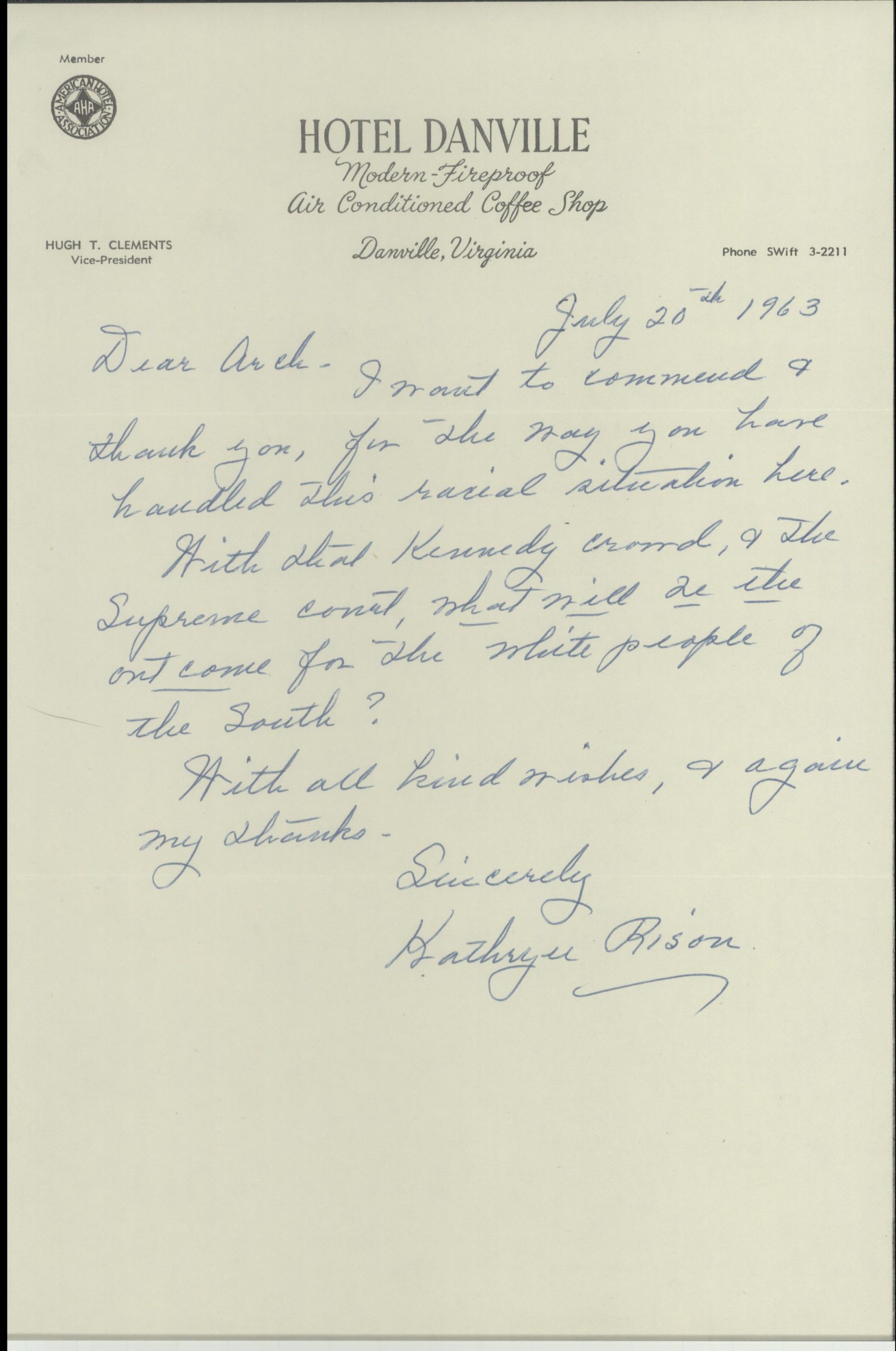 Another correspondence sent to Aiken to congratulate him on his methods during the civil rights movement. Document courtesy of the Danville Historical Society.