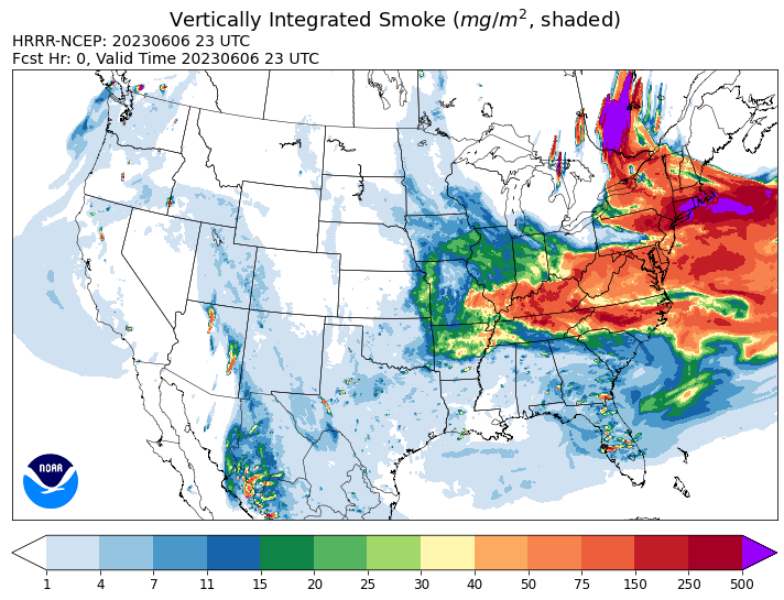 A NOAA weather model shows where the densest smoke was located on Tuesday evening, with continued waves of it expected to move south over the next few days. Courtesy of NOAA.