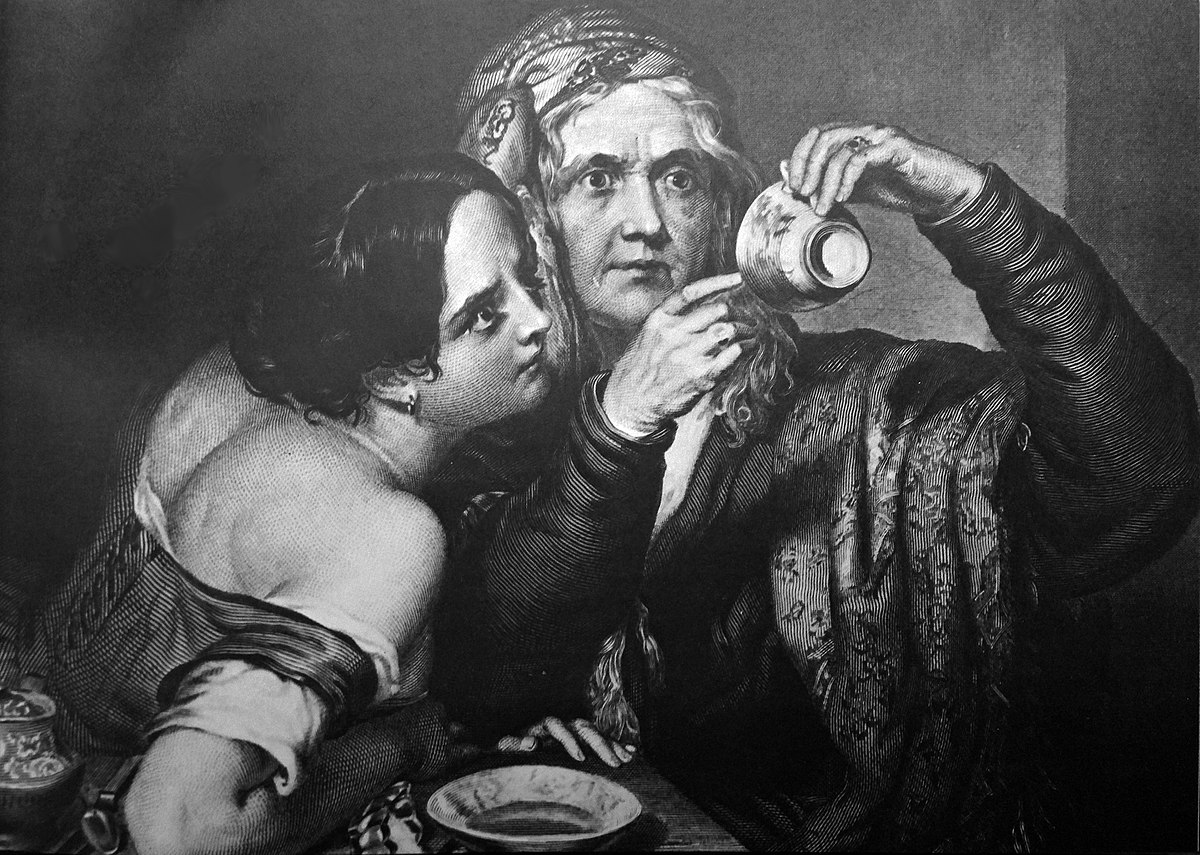 An 1842 engraving by Nicholas Joseph Crowley showed the popularity of "reading" tea leaves in Victorian Britain. Public domain.