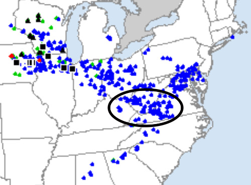 Most of the wind damage reports marked by blue dots were caused by a single line of thunderstorms late Friday, July 28. It's a close call whether severe winds (58+ mph) continued 240 miles or farther, the minimum qualification for a derecho. Courtesy of Storm Prediction Center, NOAA.