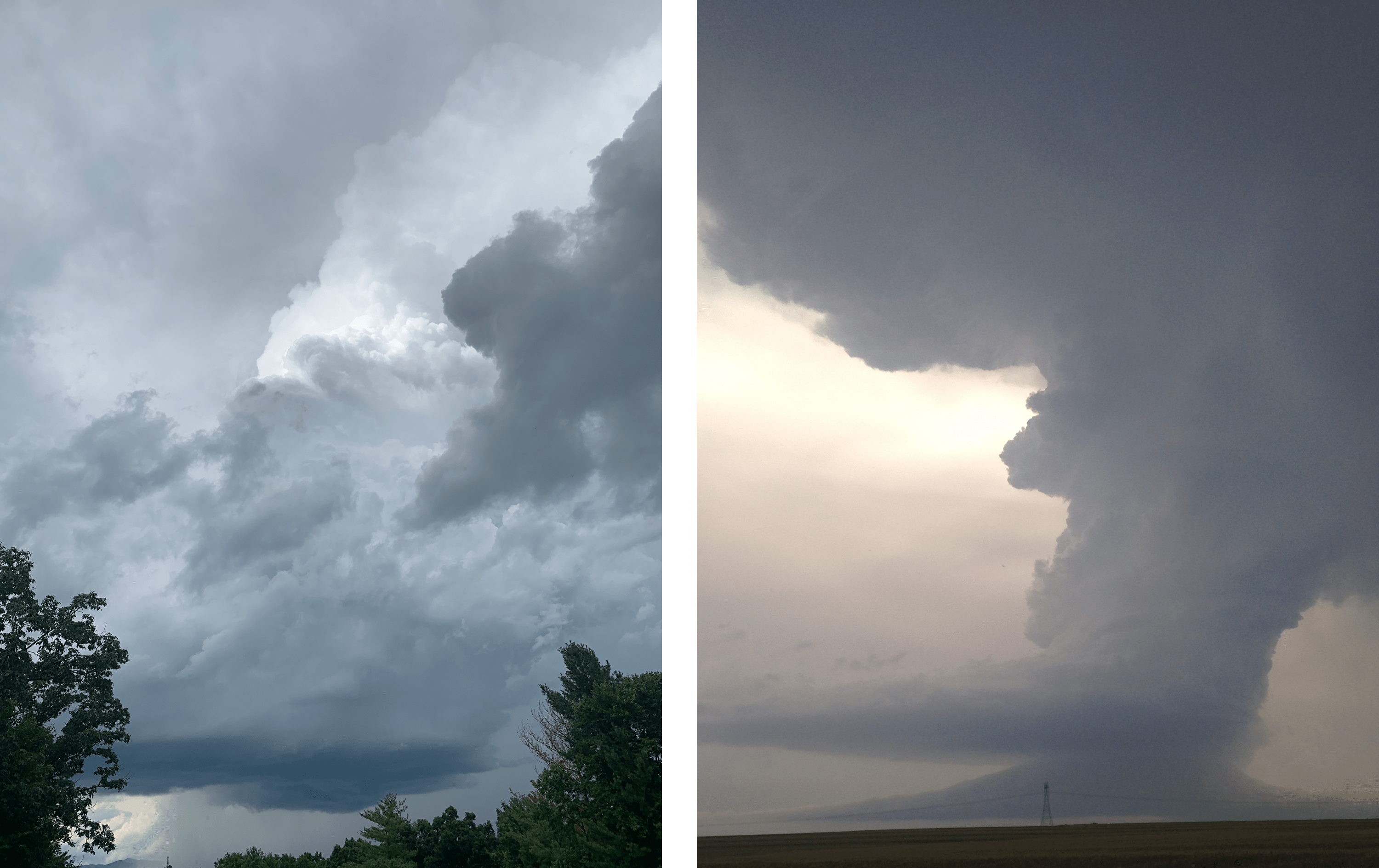Two vaguely similar supercell structures, one over the Roanoke Valley on July 14, one over western Kansas in June 2015 during a Hokie Storm Chasers trip with Virginia Tech meteorology students. Similar tilt, though obviously, the Kansas storm is more well developed. Photos by Kevin Myatt.