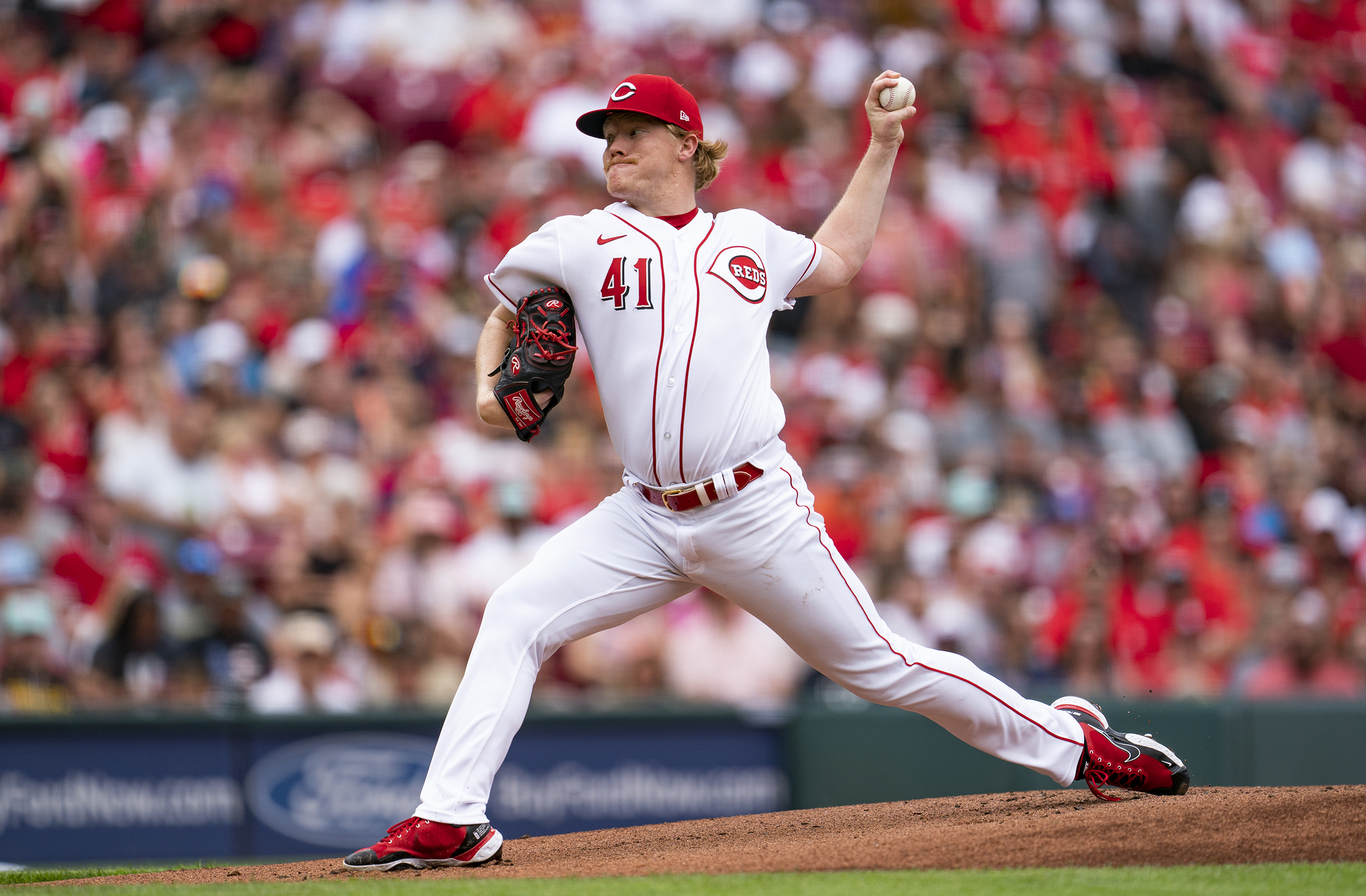 Andrew Abbott pitches against San Diego on July 2. Courtesy of Cincinnati Reds.