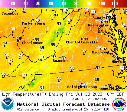 Friday may be the hottest day so far this summer over much of Virginia with many mid and upper 90s forecast east of the Blue Ridge -- possibly 100 in a few spots. Courtesy of NOAA.