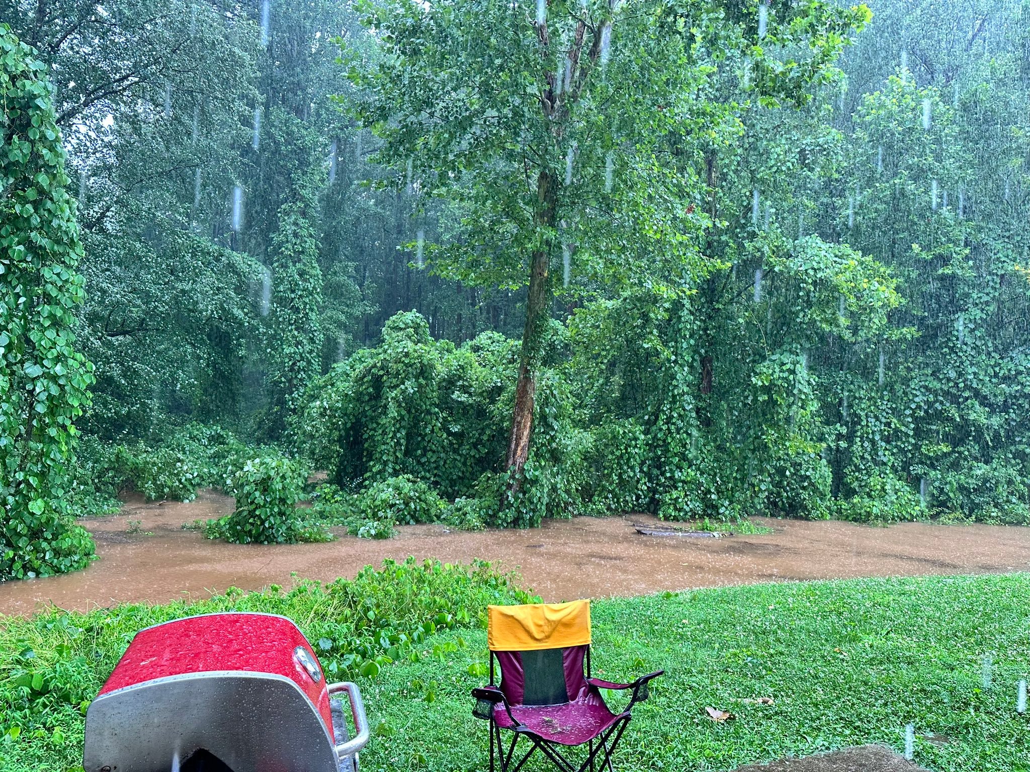 Water begins to overflow creek banks along Graves MIll Road in Lynchburg on Thursday, July 13. Photo by Chris Manley.