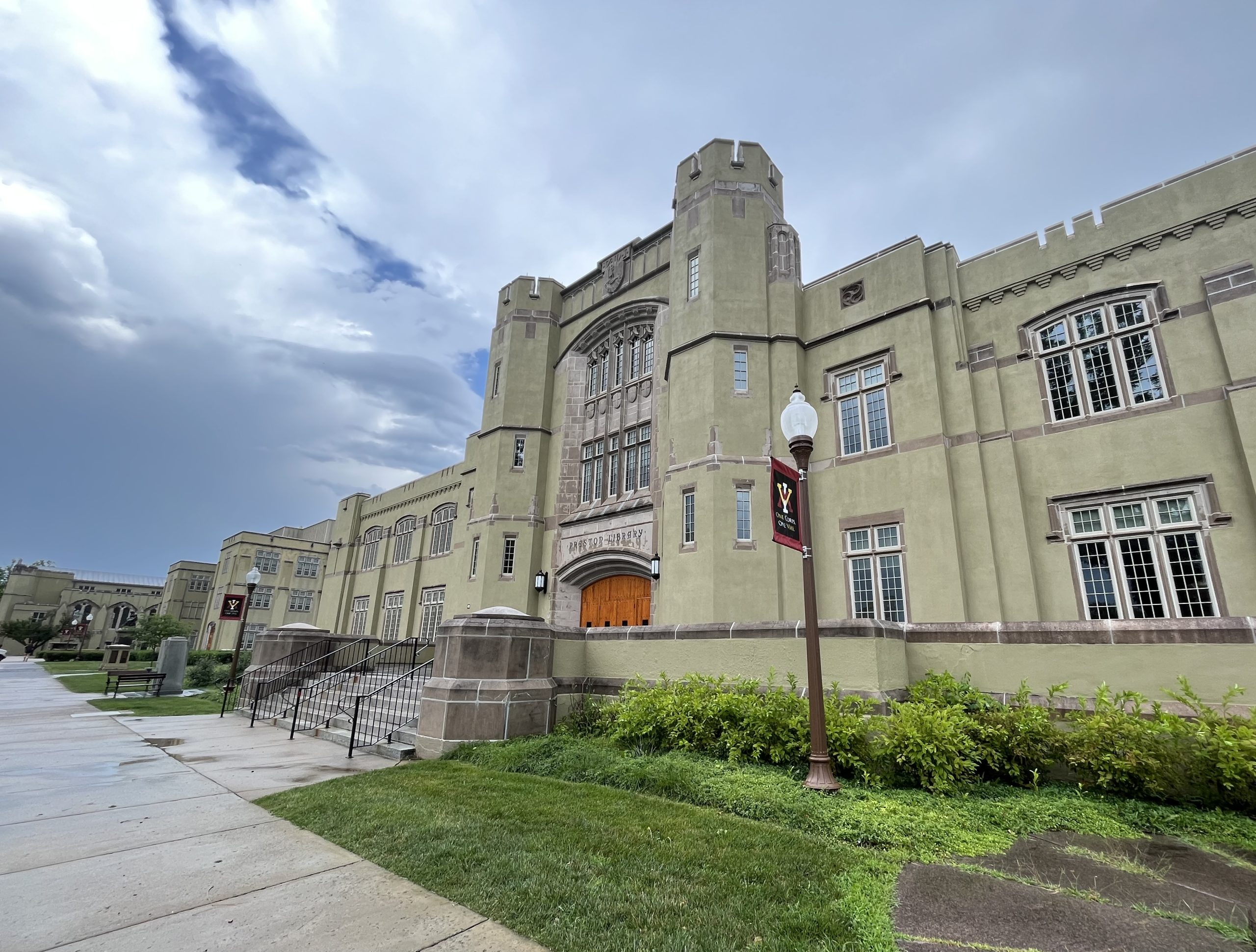Preston Library at the Virginia Military Institute, a large two-story yellow-brick building