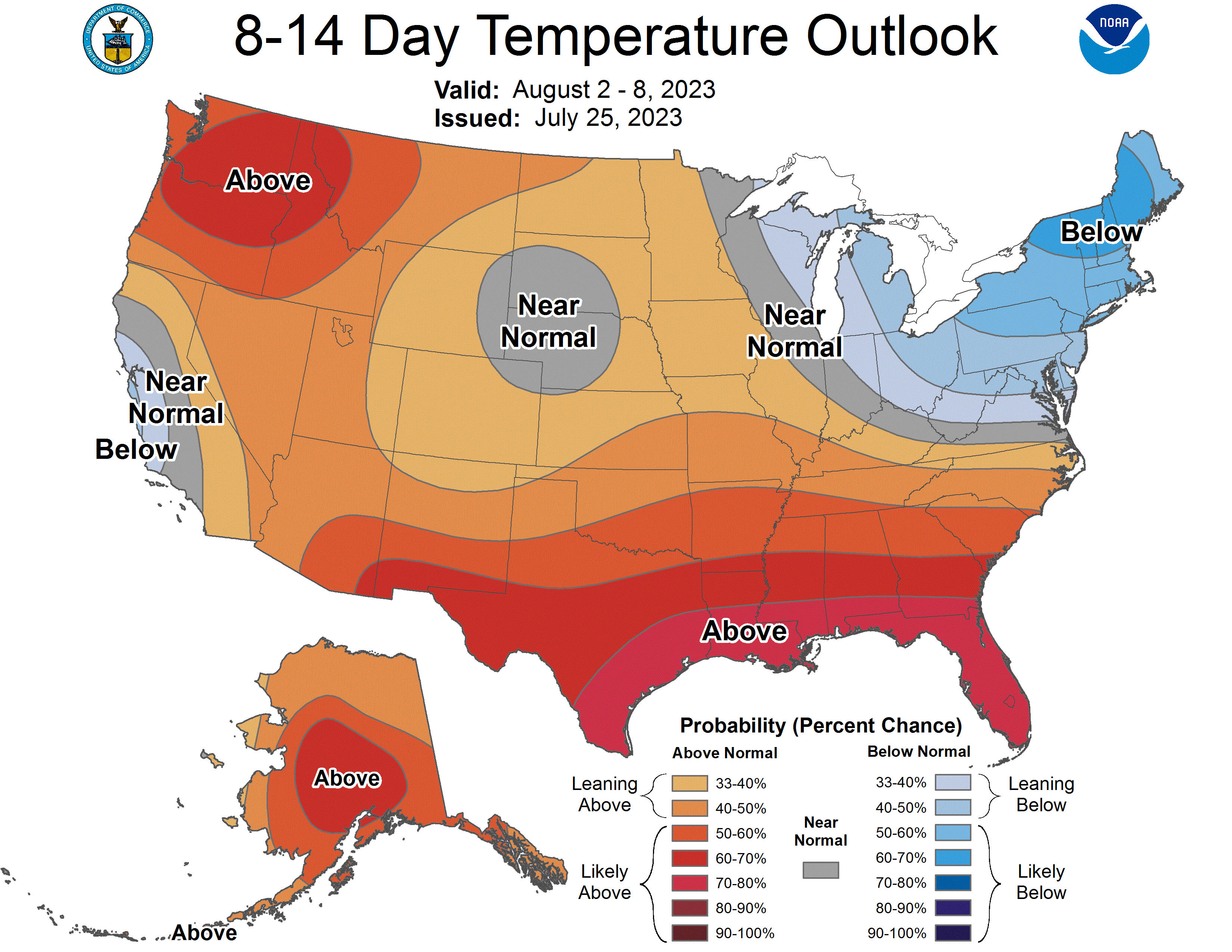 By the first week of August, the most likely zone of extreme heat will likely be pushed back to the south, with Virginia on the bubble between cooler than normal temperatures over the Northeast and above-normal temperatures just south. Courtesy of Climate Prediction Center / NOAA.