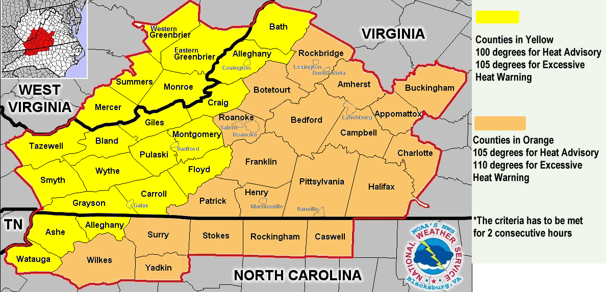 Heat criteria vary slightly between western and eastern sides of the National Weather Service's Blacksburg forecast area. Courtesy of National Weather Service.