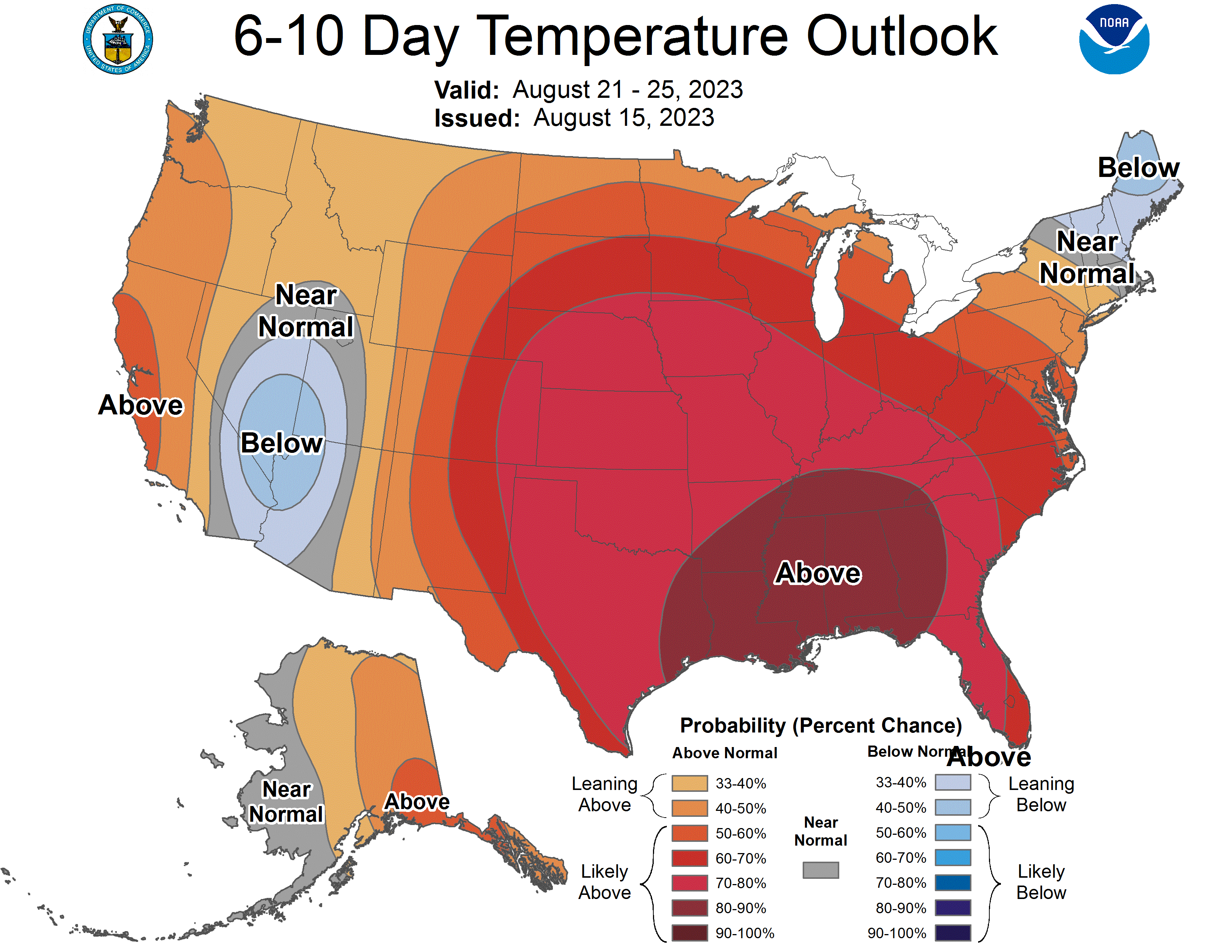 High probability of hotter than normal temperatures are expected next week over the central and eastern U.S., excluding New England. Courtesy of Climate Prediction Center / NOAA.