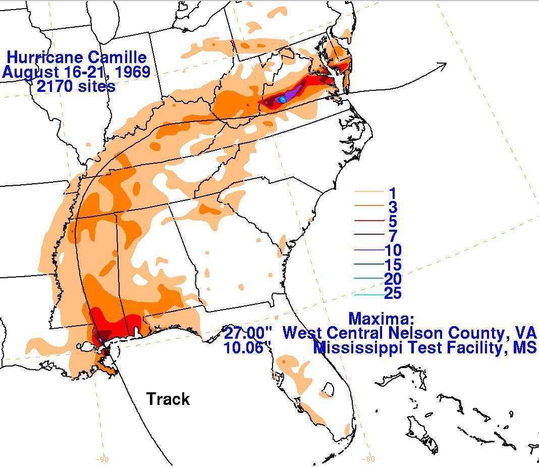 Rainfall along the path of Hurricane Camille and its remnant circulation in August 1969, maximizing with a tiny spot depicting feet of rainfall in Nelson County, Virginia, after several hundred miles of fairly tepid 1-3 inch amounts. Courtesy of National Weather Service.