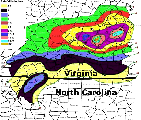 Stark changes from south to north across Virginia in rainfall amounts with remnants of Hurricane Camille in August 1969. Courtesy of National Weather Service.