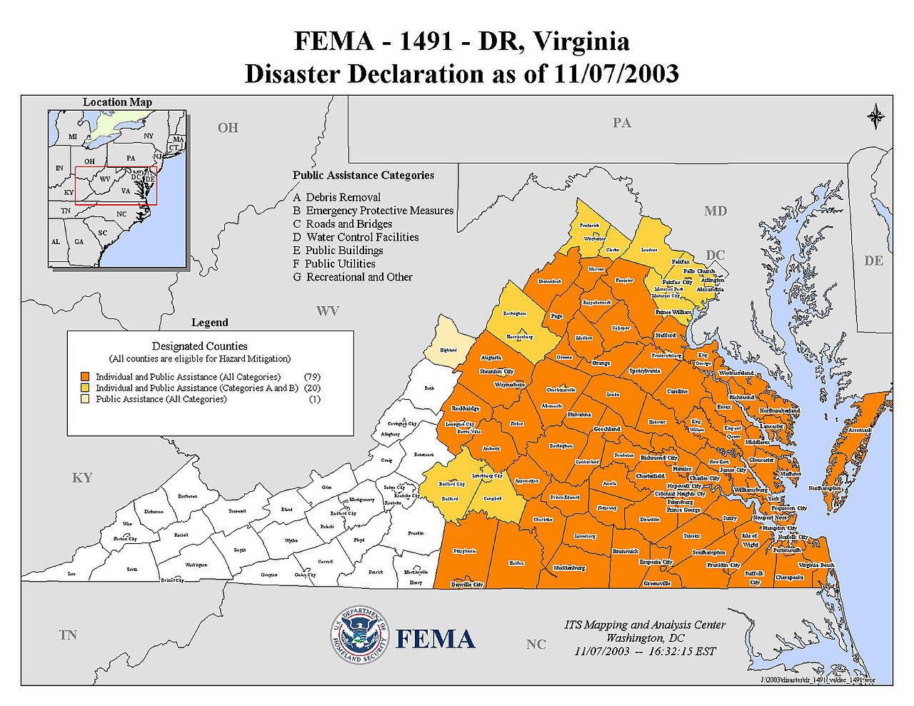 This map of FEMA disaster declarations following Hurricane Isabel and is inland effects illustrates where the most damage occurred -- including much of Southside -- and areas that were more lightly affected, mainly from Roanoke westward. Courtesy of FEMA.