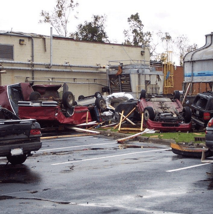 Up to 40 vehicles were flipped at CP Films, located in Fieldale in Henry County, as a result of a long-track tornado F2 tornado (scale 0 to 5) spawned by Hurricane Ivan's remnants on Sept. 18, 2003. Courtesy of National Weather Service.
