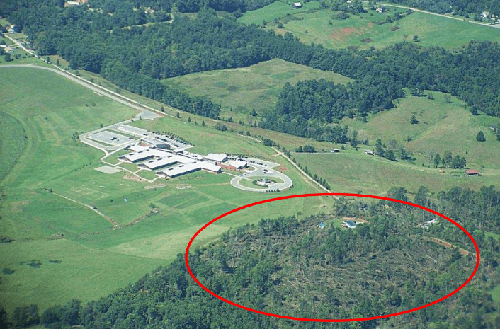 The circled patch of trees was whirled down by a tornado spawned by Hurricane Ivan's remnants in September 2003, narrowly missing Goodview Elementary School in western Bedford County. Courtesy of National Weather Service.
