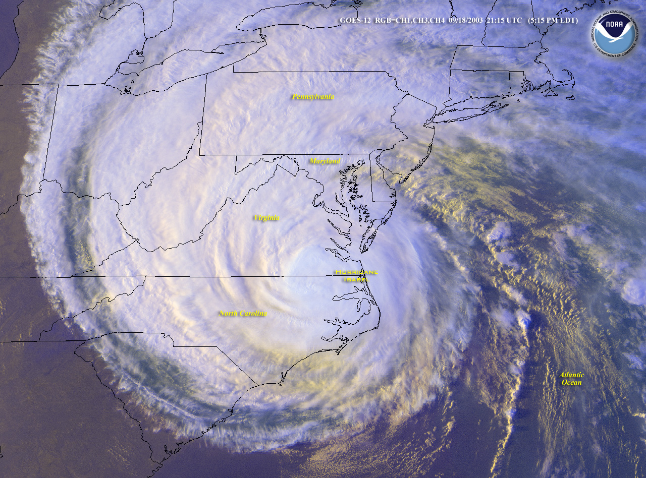 A satellite view of Hurricane Isabel in 2003 as it tracks northwest from an eastern North Carolina landfall over the state of Virginia. Isabel dealt more damage over a wider area than any tropical system that has affected Virginia in its historical record. Courtesy of National Weather Service.