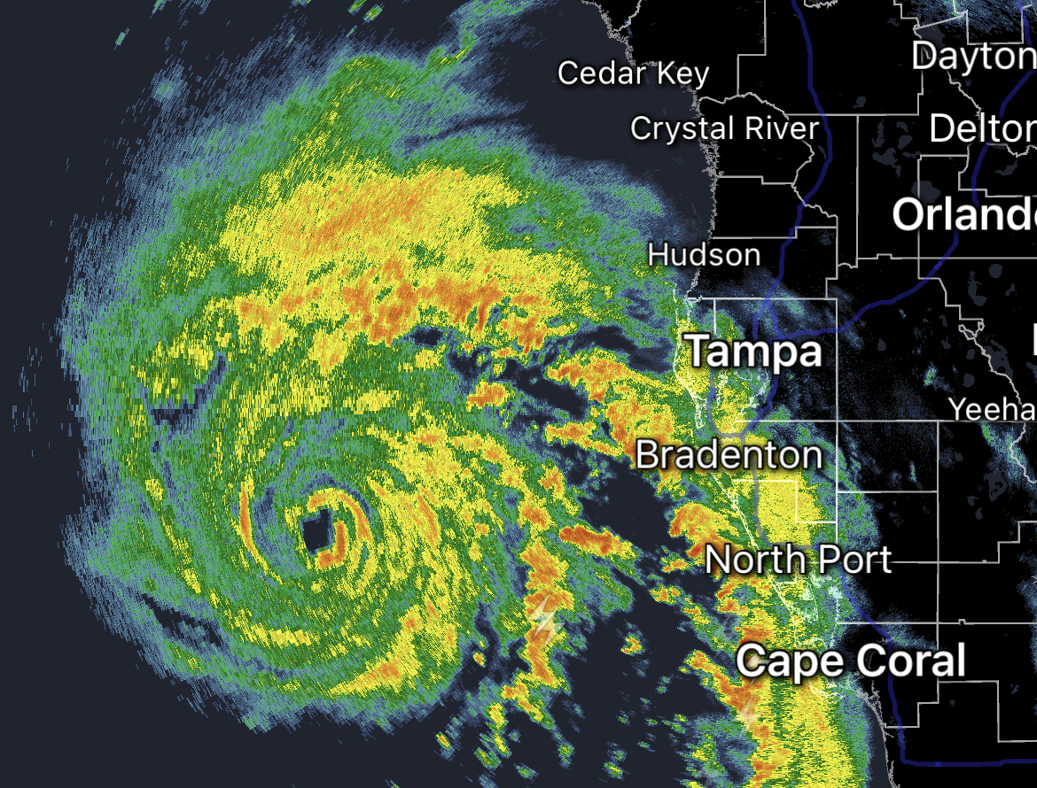 Hurricane Idalia takes on a well-defined spiral formation with a distinct eye west of Florida on Tuesday evening, August 29. National Weather Service radar image via RadarScope.