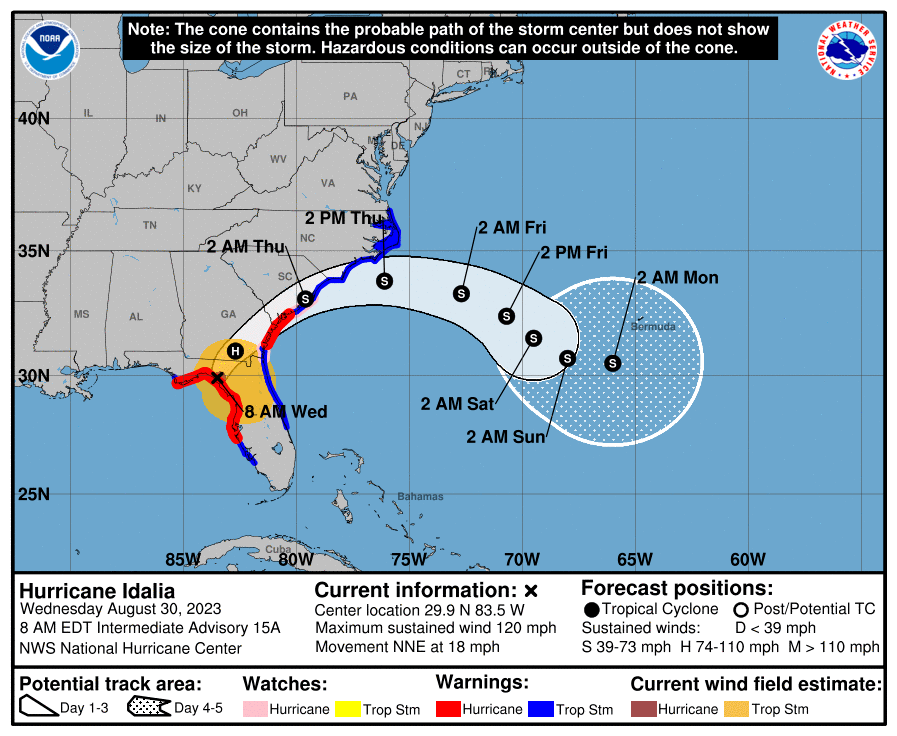 Forecast map for Hurricane Idalia, which will weaken to a tropical storm after moving inland, after its landfall on the Florida coast early Wednesday. 