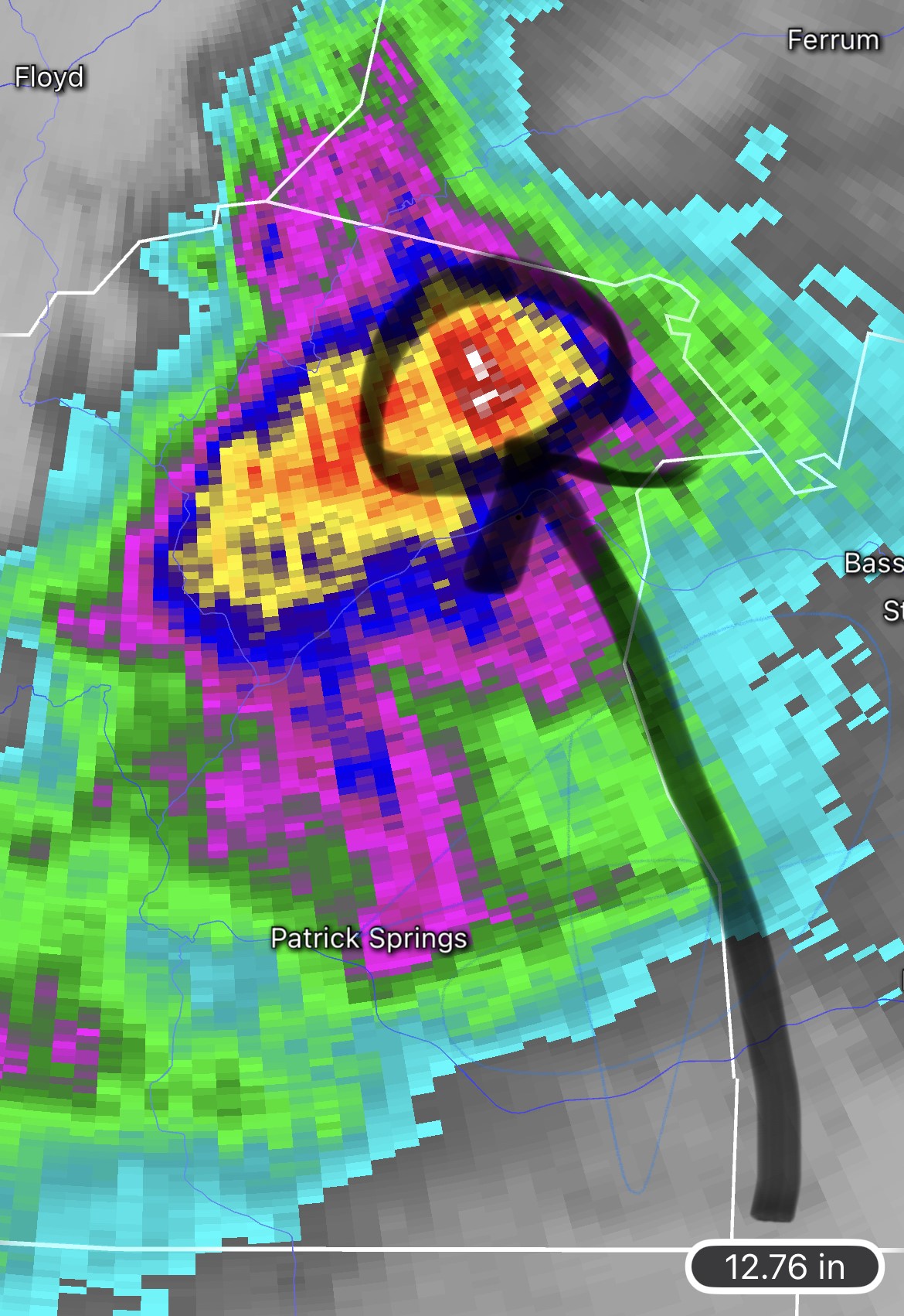 The white spots indicate small areas in northern Patrick County where National Weather Service radar has estimated nearly 13 inches of rain falling on Sunday evening through Monday morning. Courtesy of RadarScope.