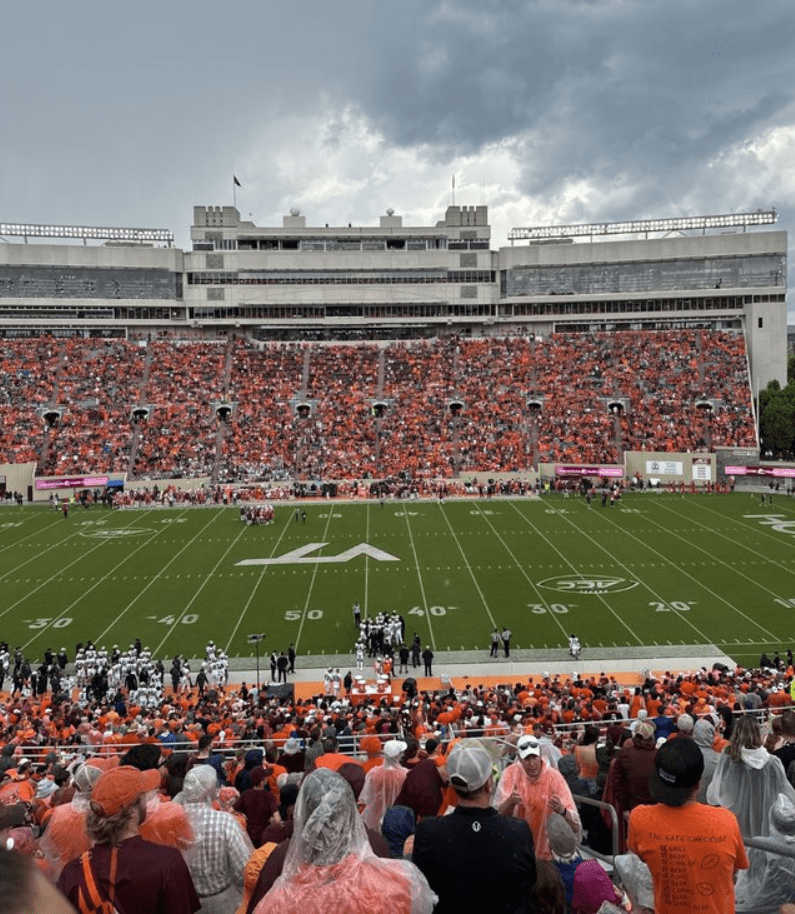 Storm clouds gather beyond the press box at Lane Stadium on Saturday. Courtesy of Hank Bishop.