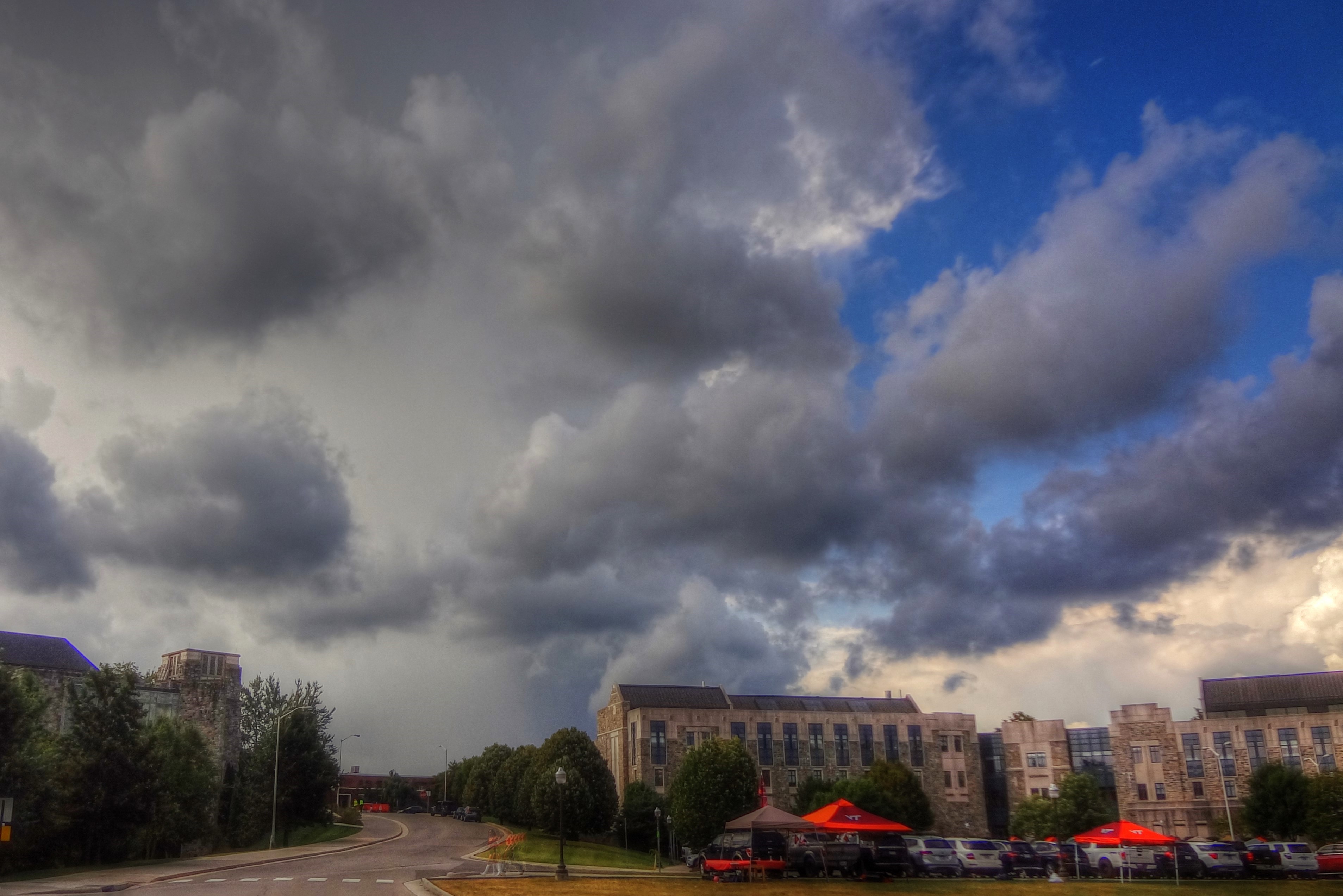 The skies were already looking ominous over the Virginia Tech campus 45 minutes before the scheduled noon kickoff against Purdue. An initial cell led to a 15-minute delay of the kickoff, then a second cell forming behind it brought on a 5 1/2-hour delay. Courtesy of Kurt Konrad.