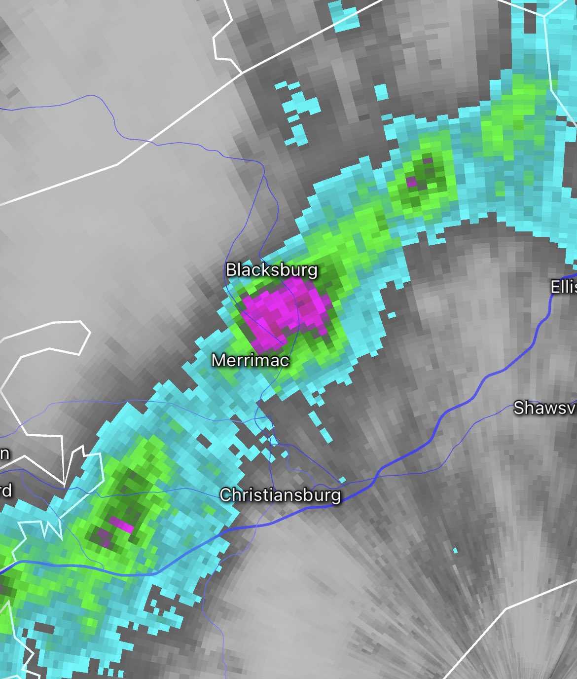 The purple dot over southern and eastern Blacksburg represents rainfall of more than 3.5 inches, as estimated by National Weather Service Doppler radar. The green in a narrow band north and south through Blacksburg represents rainfall estimated at 1.5 inches or more. A large part of Southwest and Southside Virginia received rain on Saturday, but amounts dropped off quickly outside of narrow zones of intense rainfall, this one over Lane Stadium being the heaviest of all. Courtesy of RadarScope.