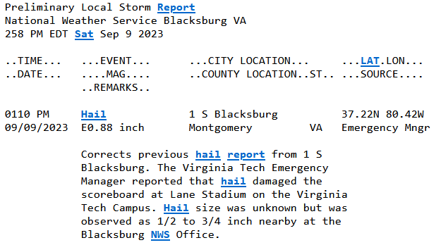It's pretty rare that a scoreboard for a stadium on a college football Saturday is named in an official storm report to the National Weather Service, but it happened Saturday. Courtesy of National Weather Service.