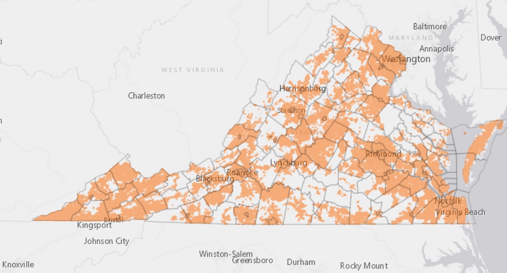 Areas in orange on the Commonwealth Connection map show the parts of Virginia with broadband access. Virginia Tech's Center for Geospatial Information Technology developed the map, used to gain funding that will help expand broadband statewide.