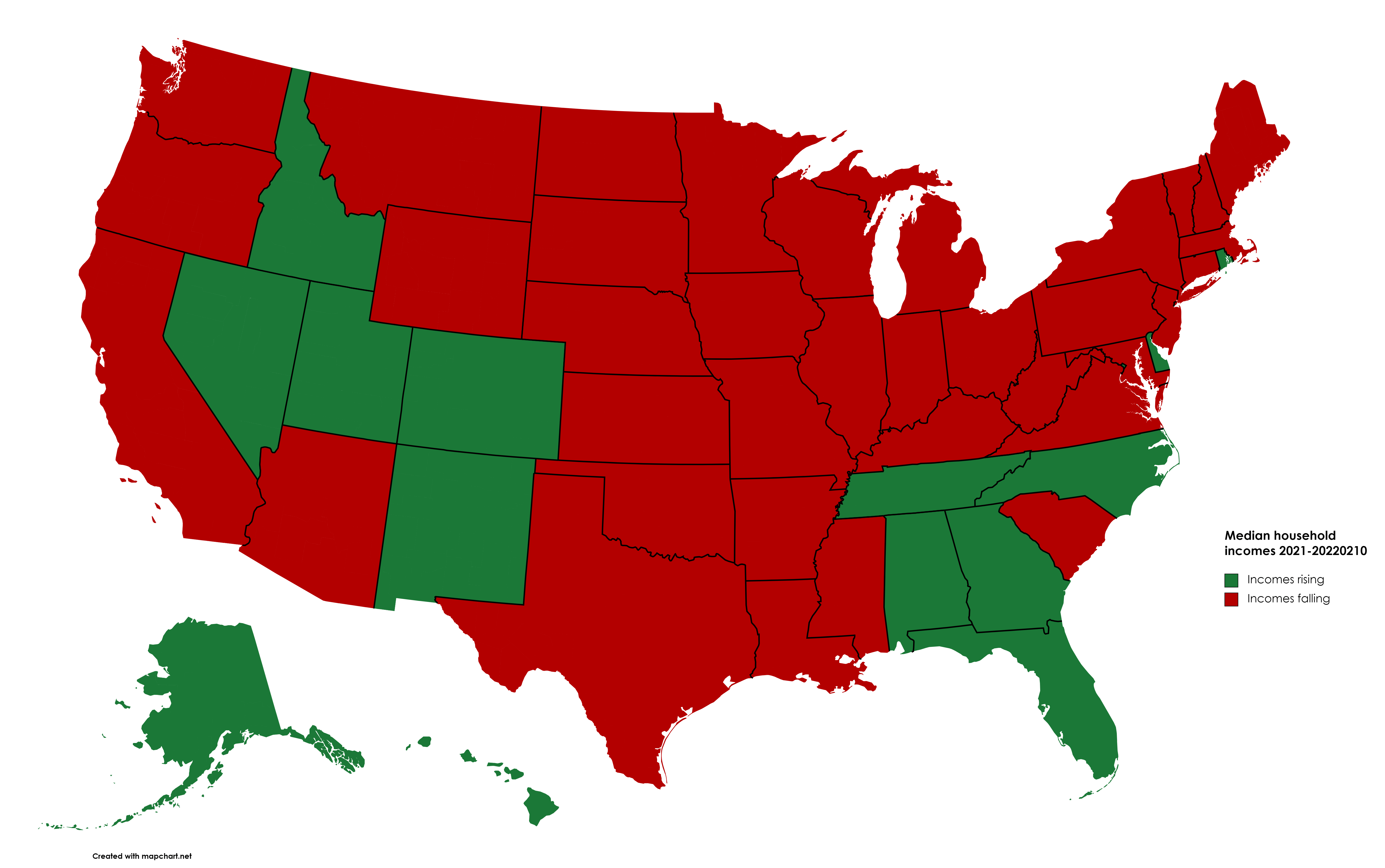 This map shows which starts are seeing their median household incomes rise and which ones have seen them fall from 2021 to 2022. Source: U.S. Census Bureau.