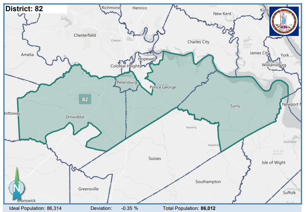 House District 82 covers parts of Dinwiddie and Prince George counties, as well as Petersburg and Surry County. Courtesy of Virignia Supreme Court.