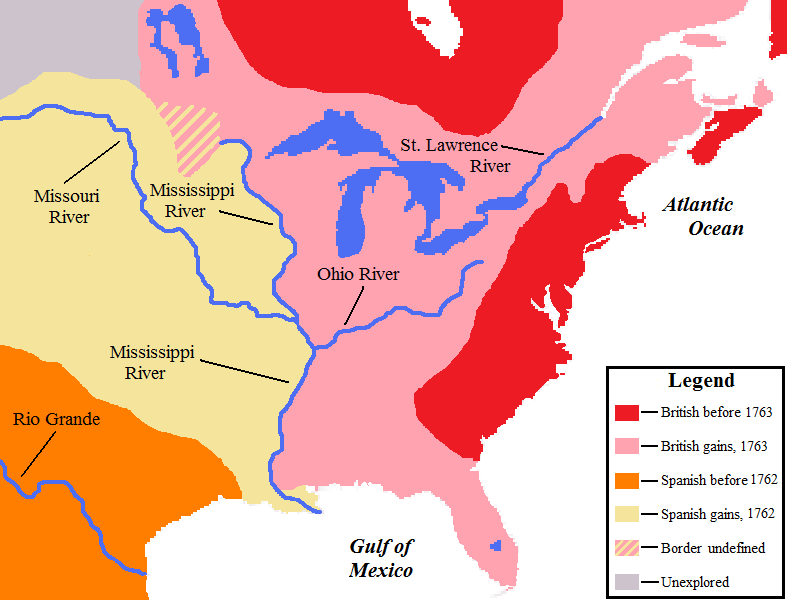 Where the British and Spanish gained territory after the Seven Years' War, the North American part of which was called the French and Indian War. Courtesy of AlexiusHoratius.