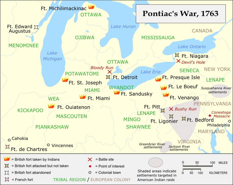 The battles of 1763 in Pontiac's War. Courtesy of Inkscape.